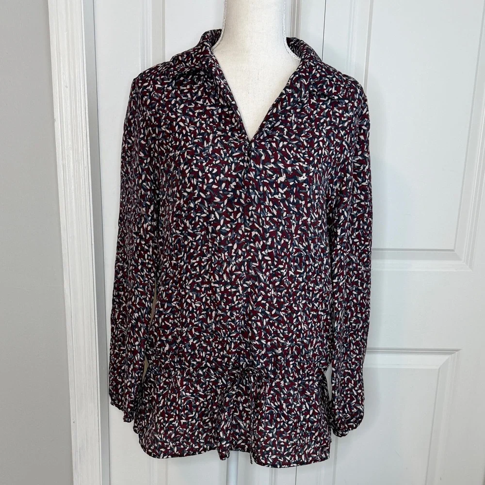 Tory Burch Blue Burgundy White Agate Confetti Tunic Blouse Silk Blend XS Fall